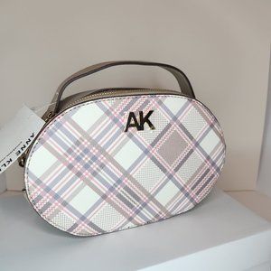 Anne Klein Oval Mara Handbag Crossbody Beige Plaid - NWT